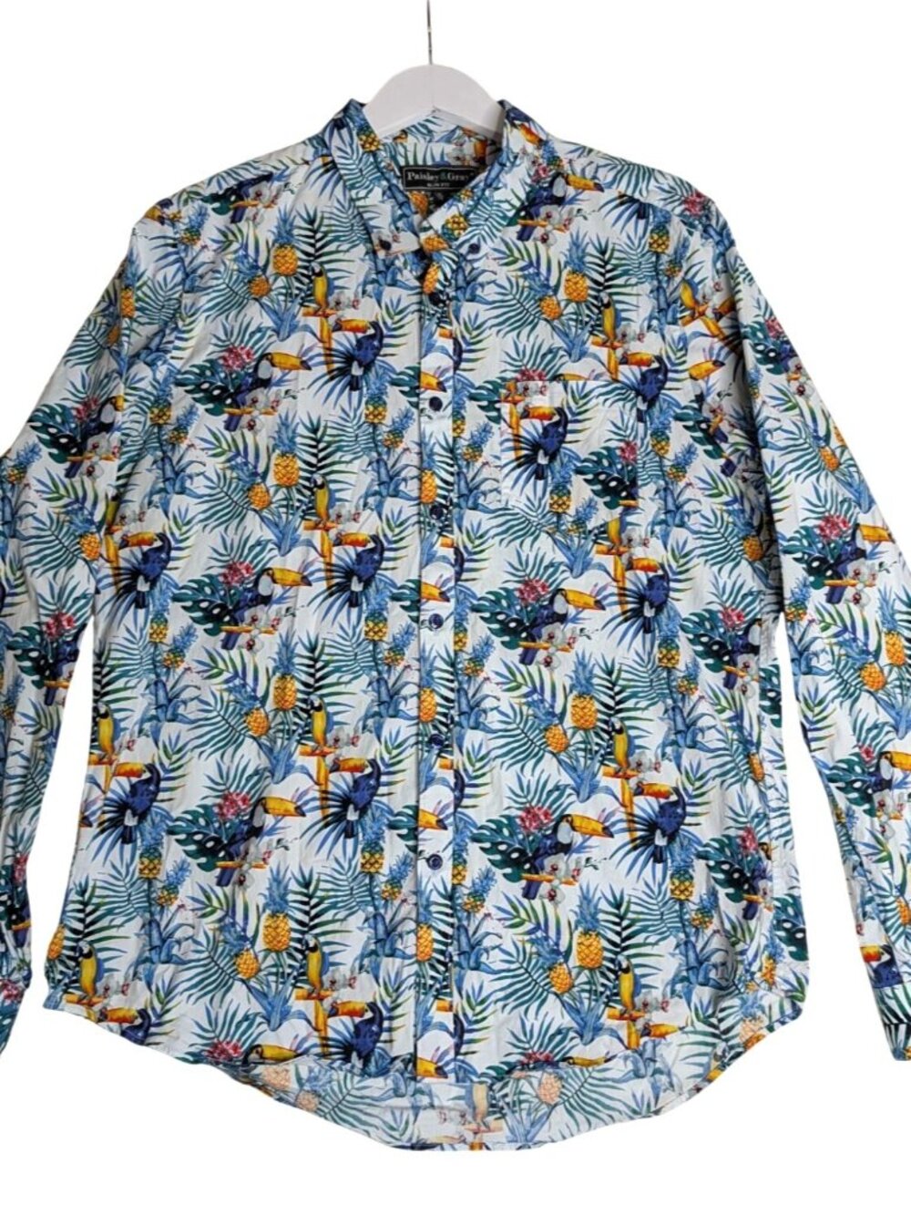 Paisley & Gray Slim Fit White Rainforest Button Down Shirt XL Tucans Hawaiian Tr